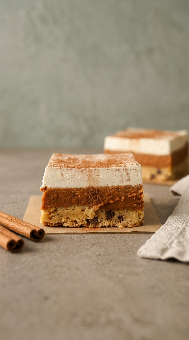 Order Pumpkin Pie Bars: layered pumpkin pie bars with a cookie crust, pumpkin filling, and whipped cream topped with cinnamon