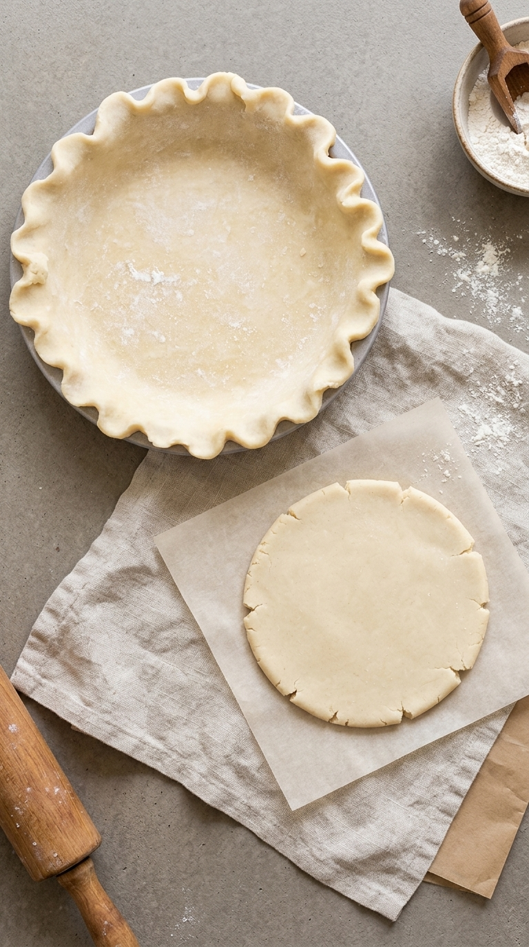 Order Bake-at-Home Pie Crust: unbaked pie crust in a pie dish next to a round of pie dough and a rolling pin