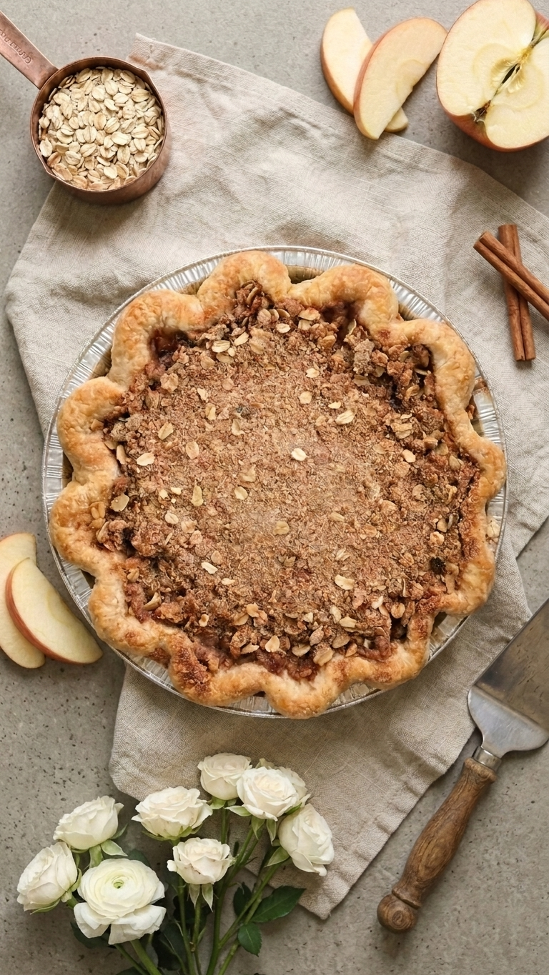 Order Dockside Bourbon Apple Streusel Pie: apple pie with a crumbly oat streusel topping, next to sliced apples and cinnamon sticks