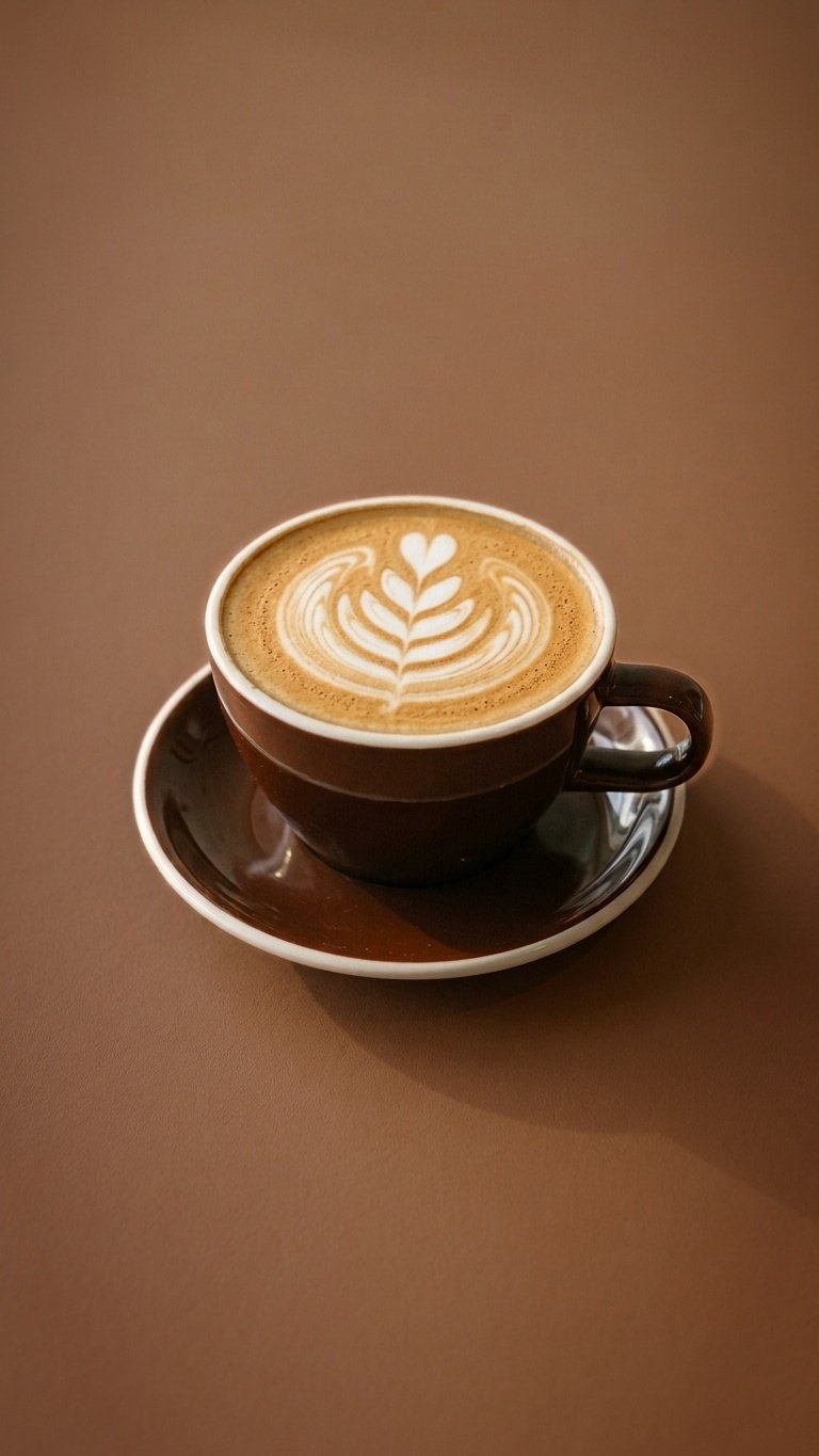 Latte with leaf latte art in a brown ceramic cup and saucer