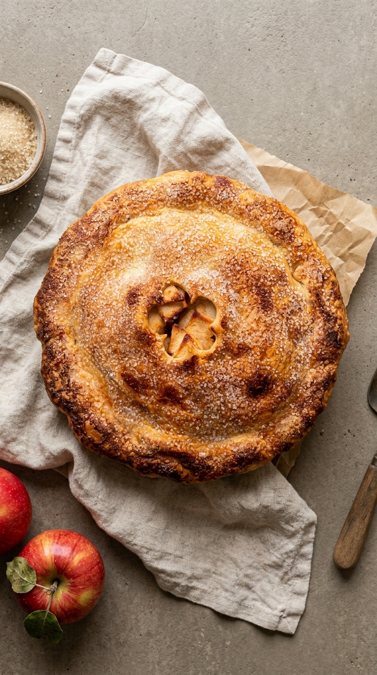 Order Harvest Apple Pie: golden double-crust apple pie with a sugared top and apples peeking through the center