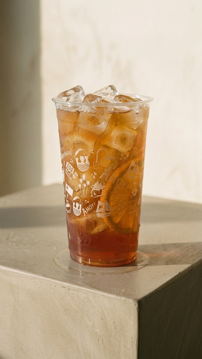 A clear plastic cup filled with iced tea and ice cubes sitting on a light-colored surface.