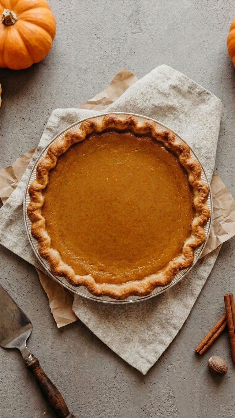 Order Pumpkin Pie: whole pumpkin pie with a fluted crust, next to small pumpkins and cinnamon sticks