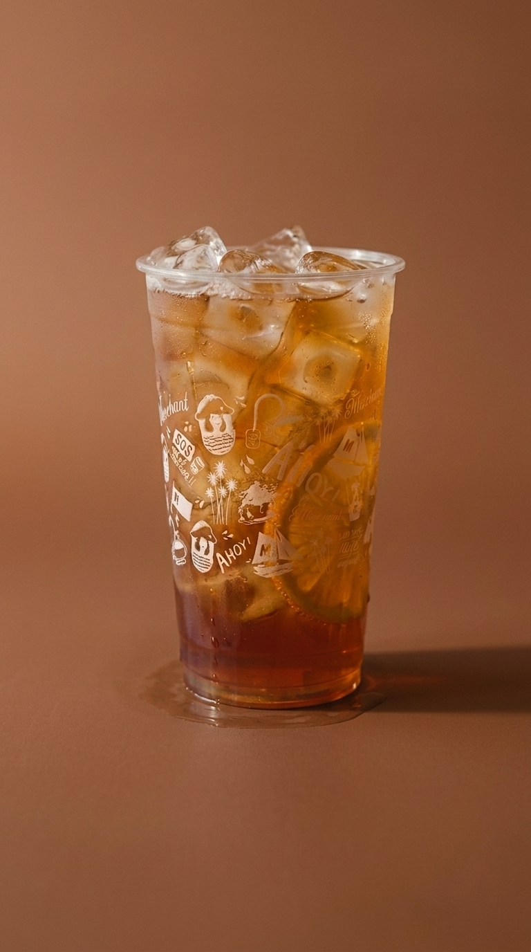 Iced tea with an orange slice in a Merchant printed cup