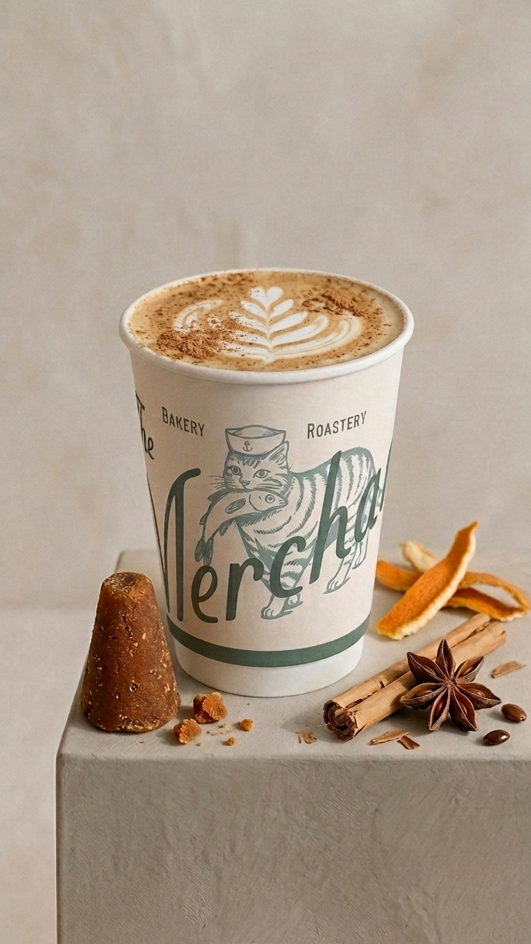 A paper cup of latte with latte art on top, placed on a table with cinnamon sticks, star anise, dried orange peel, and coffee beans around it. The cup features a vintage-style illustration of a cat with a fish, and the words "Nersha Bakery Roastery."