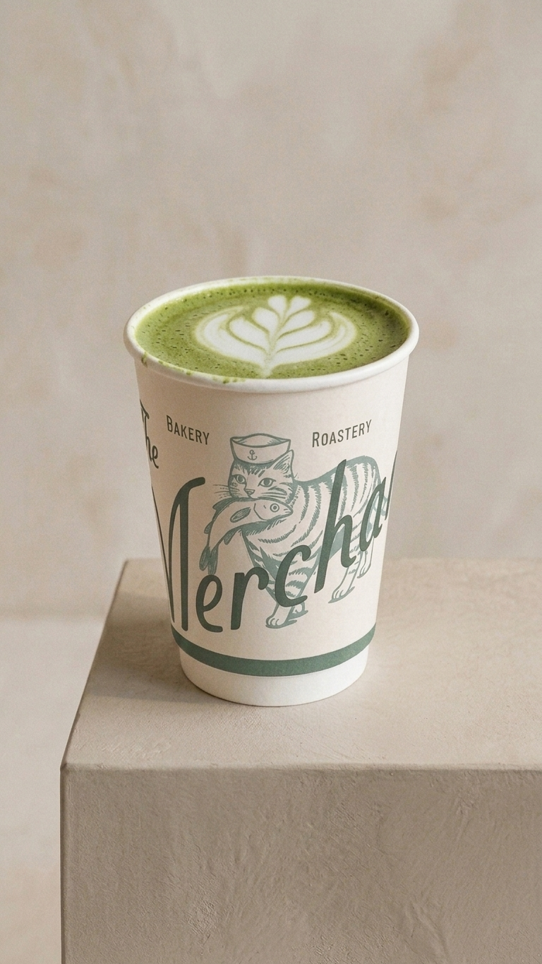 Matcha latte with latte art in a Merchant to-go cup