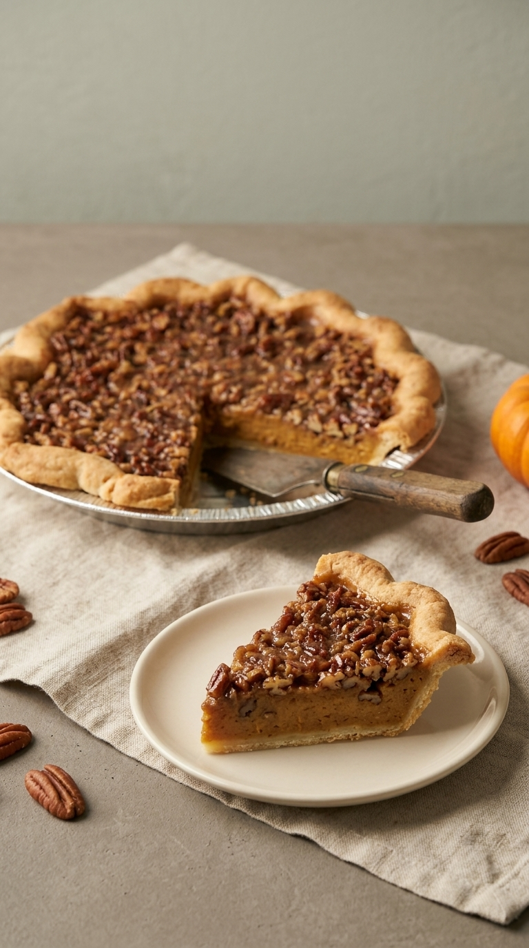 Order Pumpkin Pecan Pie: pumpkin pecan pie with a pecan top layer over pumpkin filling, with a slice served on a plate
