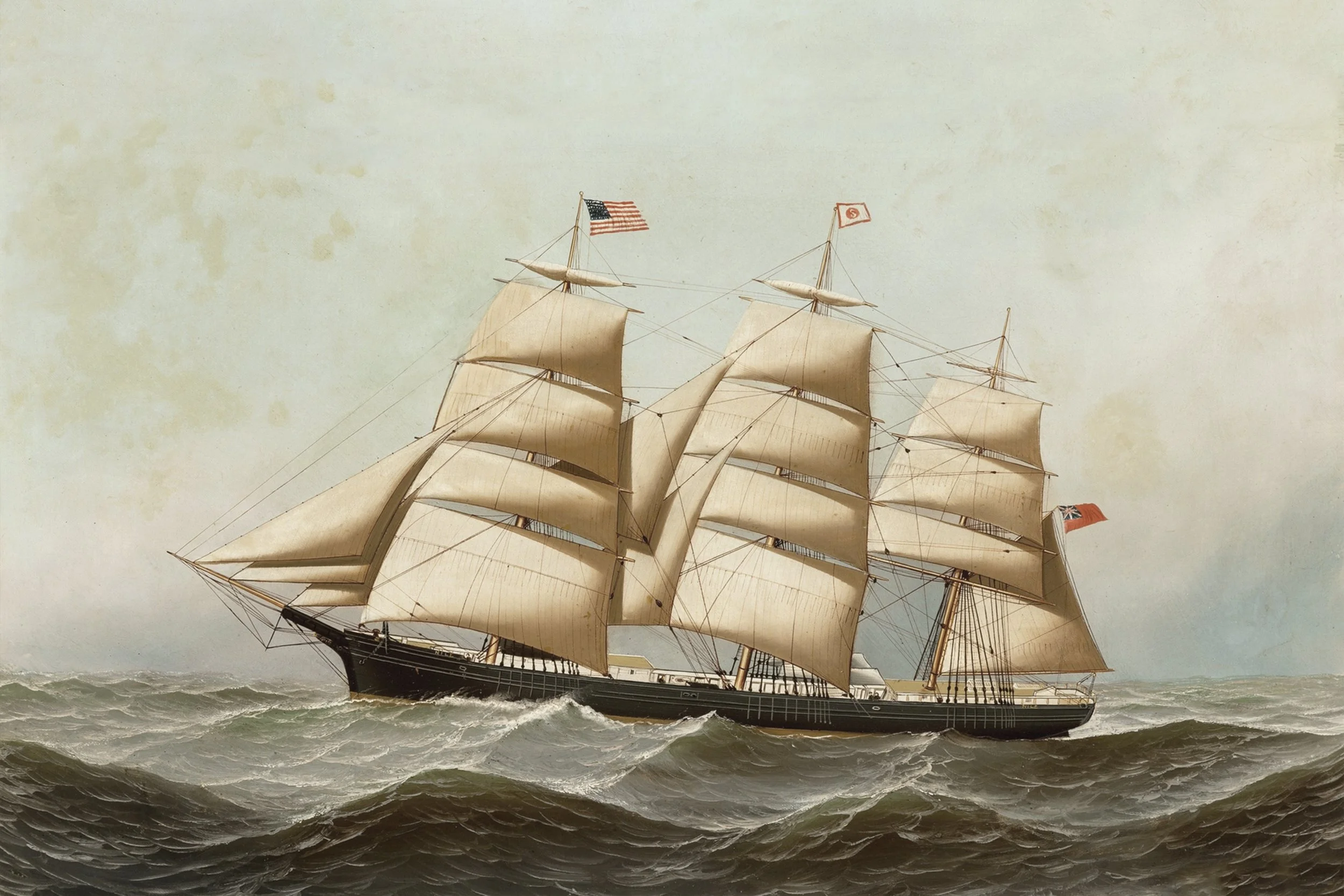 Vintage painting of a tall sailing ship on rough seas