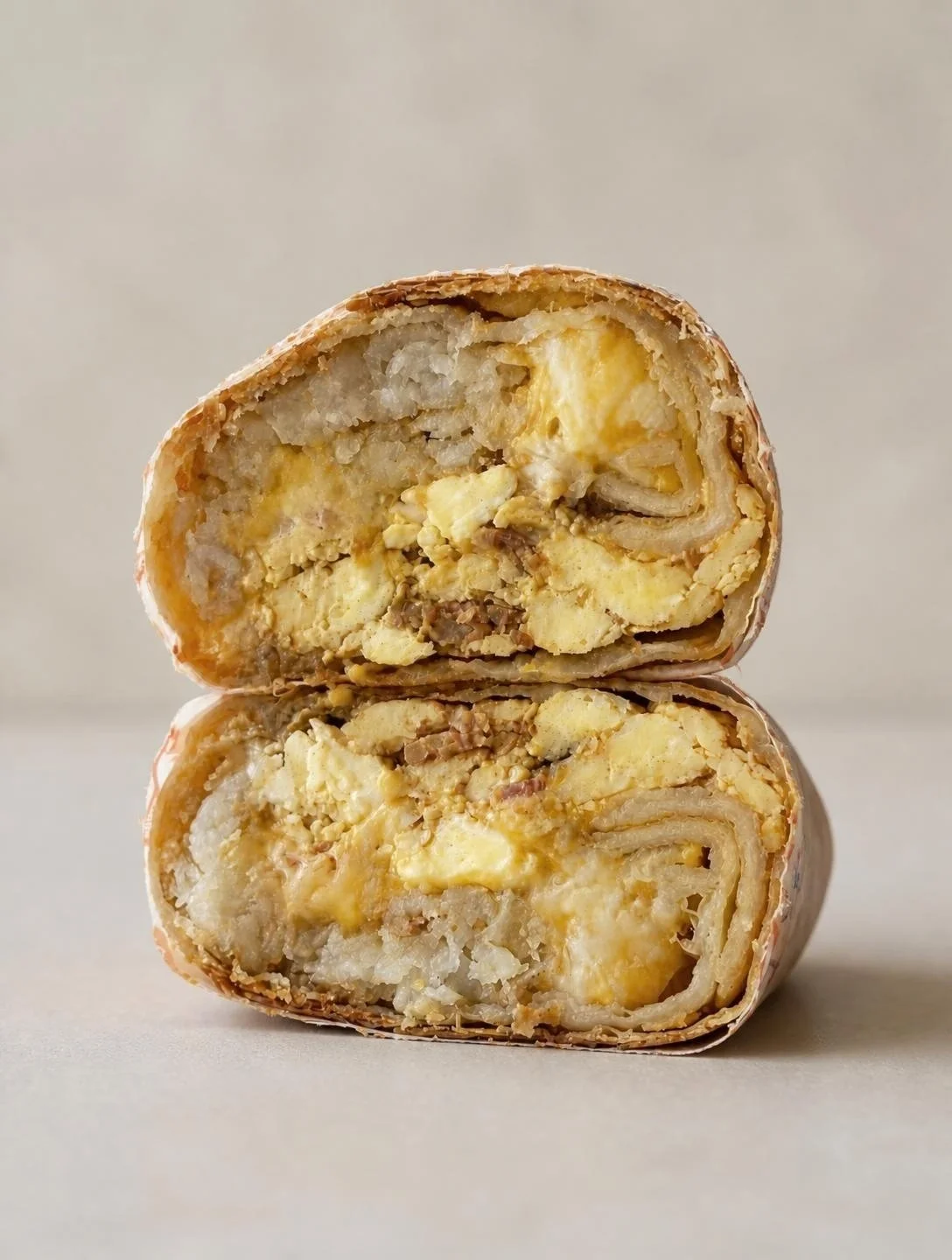 Breakfast burrito cut in half and stacked, showing eggs, cheese, tater tots, and sausage"