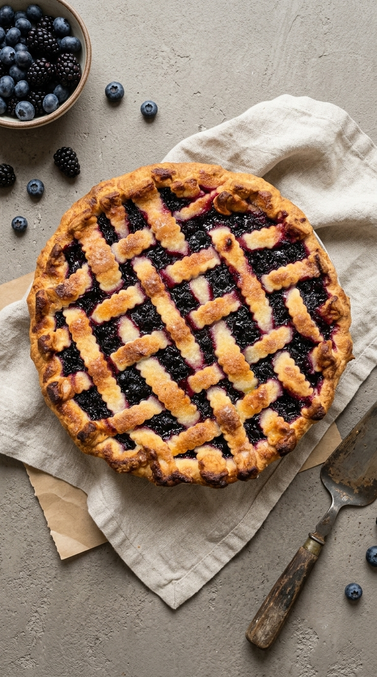 Order Mixed Berry Pie: mixed berry pie with a lattice crust, surrounded by fresh blueberries and blackberries