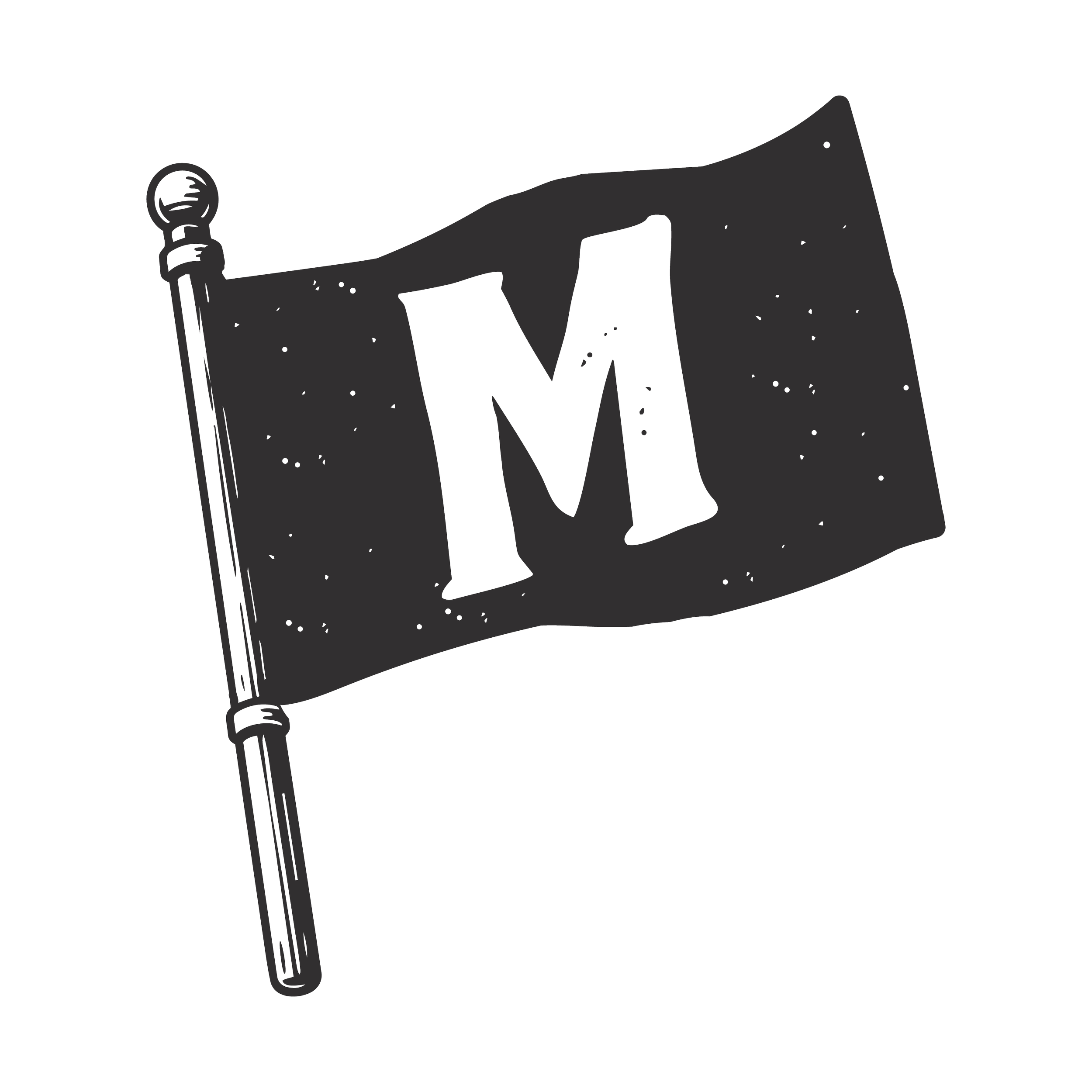 Black flag icon with a white letter M, waving on a flagpole, surrounded by small speckled details.