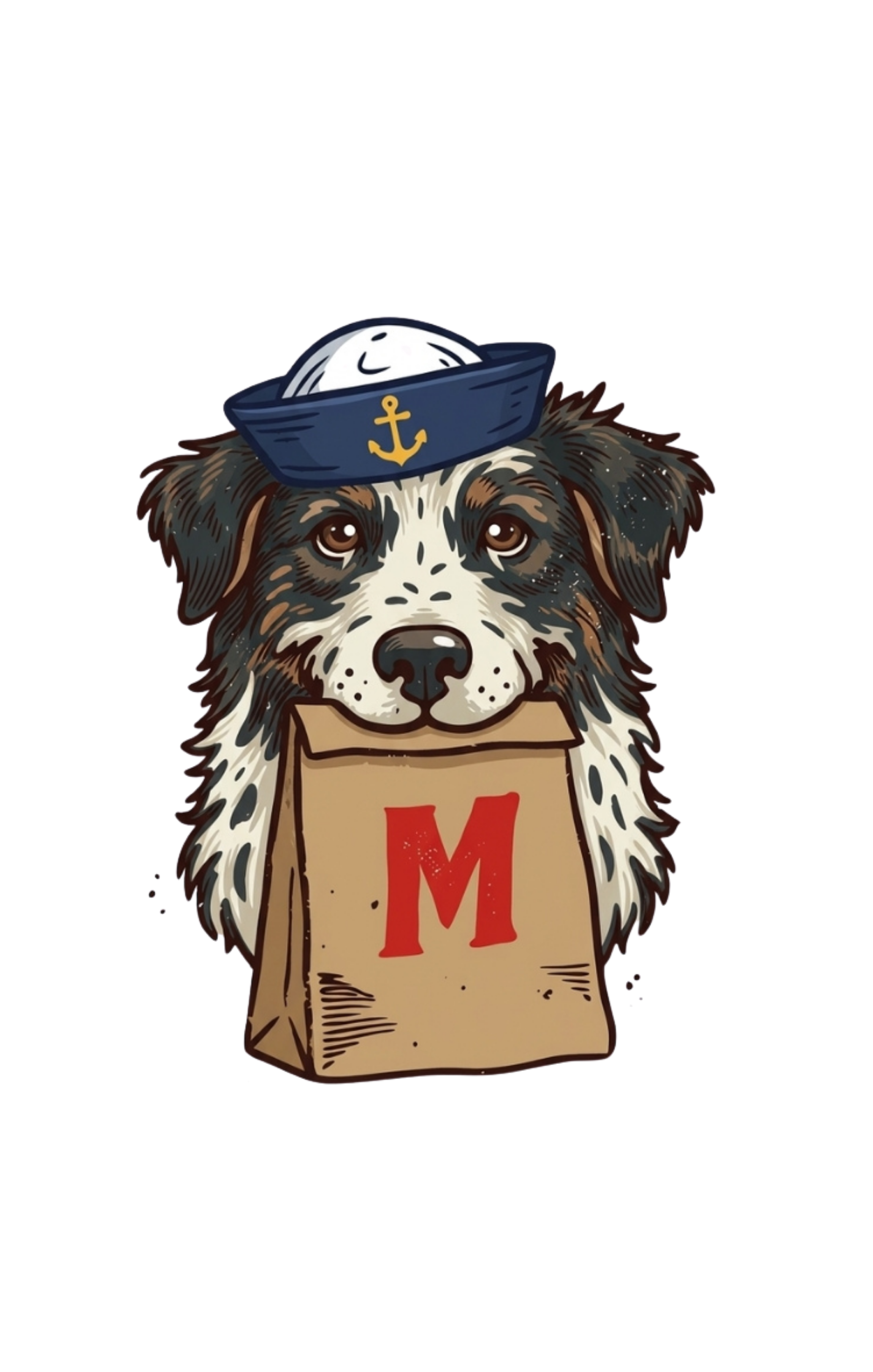 A cute illustration of a dog with a fluffy fur coat, wearing a navy blue sailor hat with a yellow anchor symbol. The dog is poking out of a brown paper shopping bag with a red letter "M" on it.