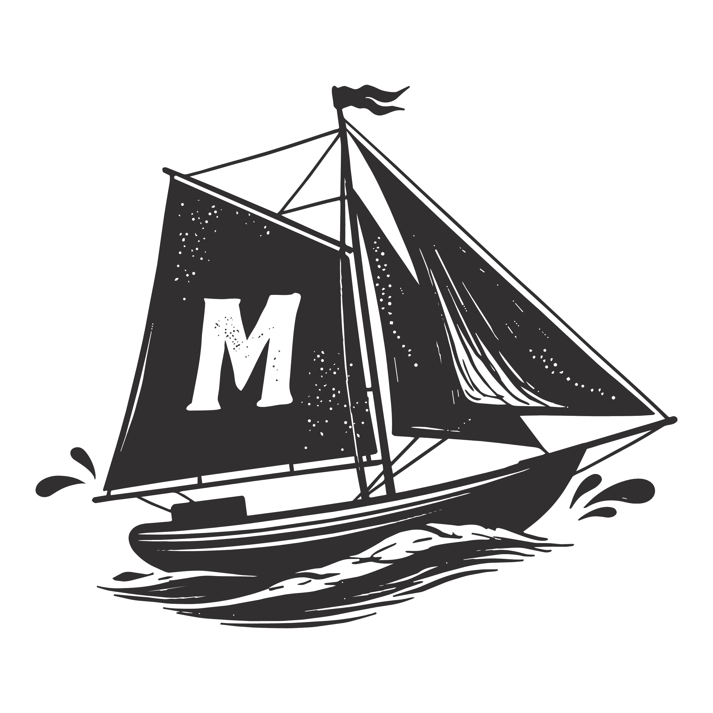 Black and white illustration of a small sailboat with a flag at the top of its mast and a white letter M on the main sail, sailing on waves.