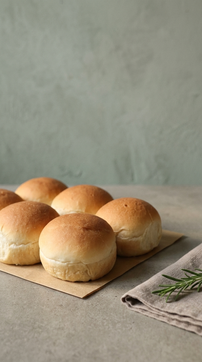 Order Dinner Rolls: soft golden dinner rolls on brown paper with a sprig of rosemary