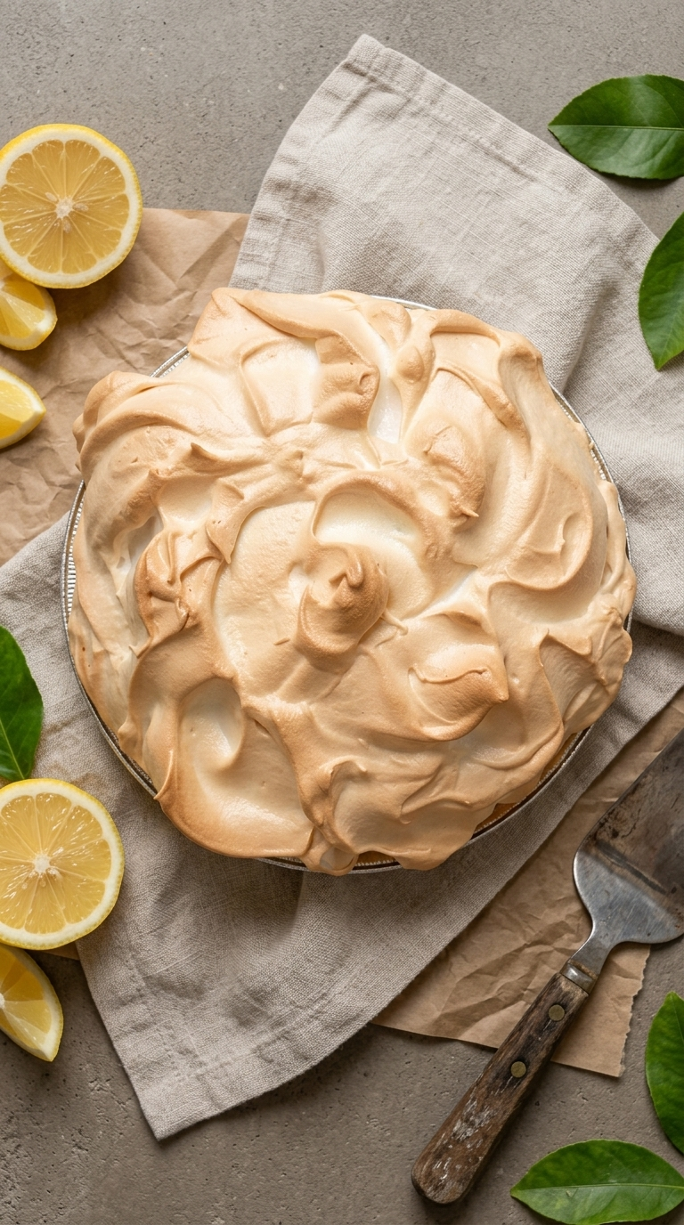 Order Lemon Meringue Pie: lemon meringue pie with tall toasted meringue peaks, surrounded by lemon slices