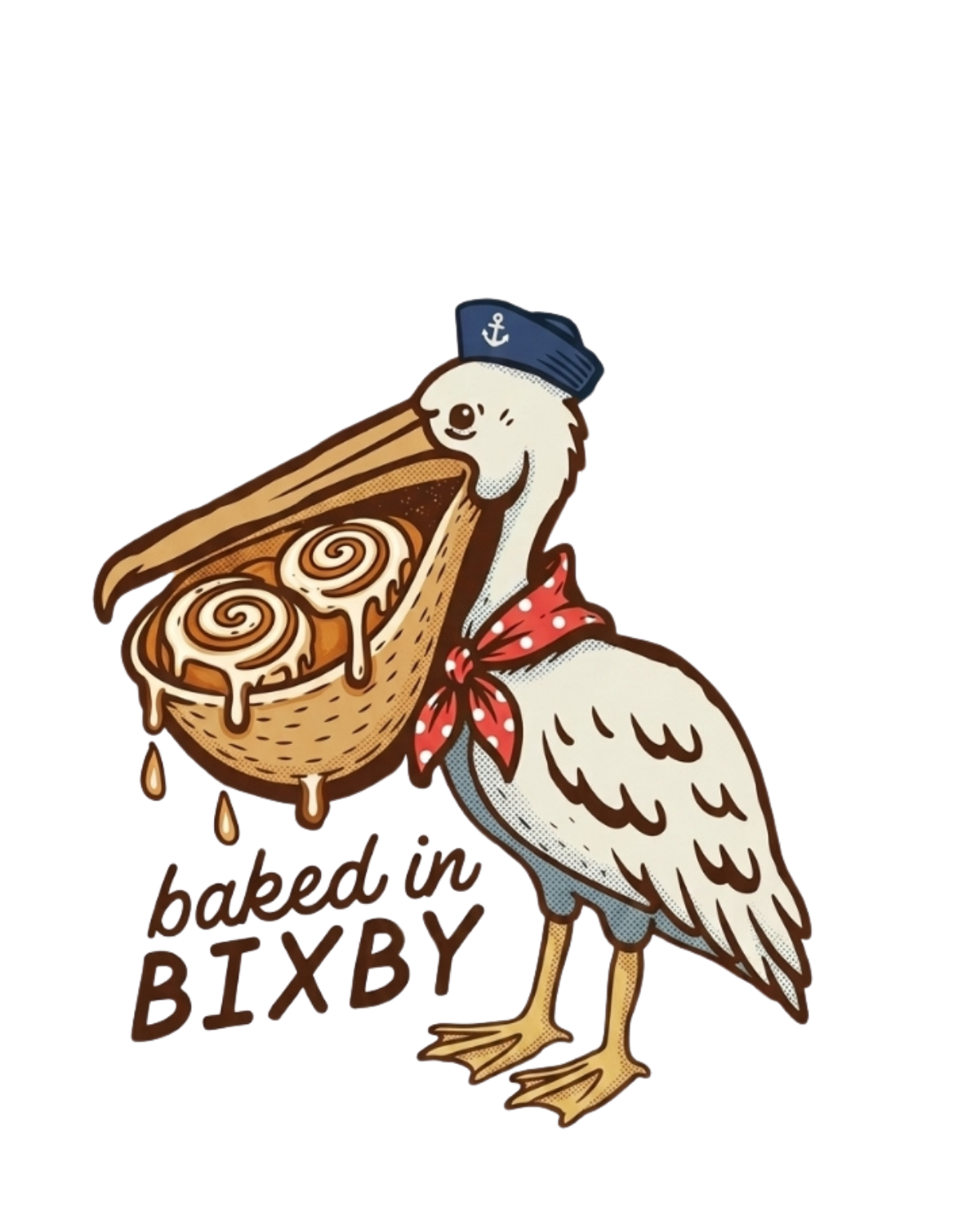 Illustrated pelican in a sailor hat with cinnamon rolls in its beak and the words "baked in Bixby"