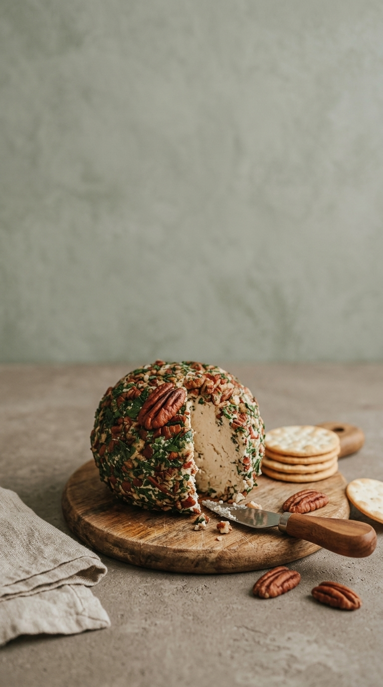 Order Holiday Cheeseball: cheeseball coated in herbs and pecans on a wooden board, served with crackers