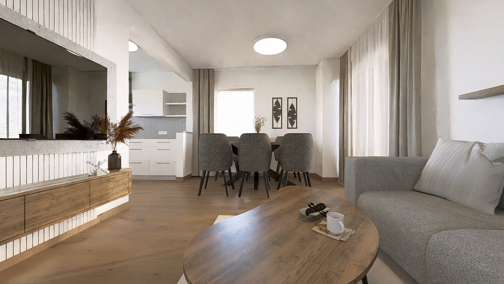 Prostorný obývací pokoj s minimalistickým nábytkem a vestavěnými skříněmi