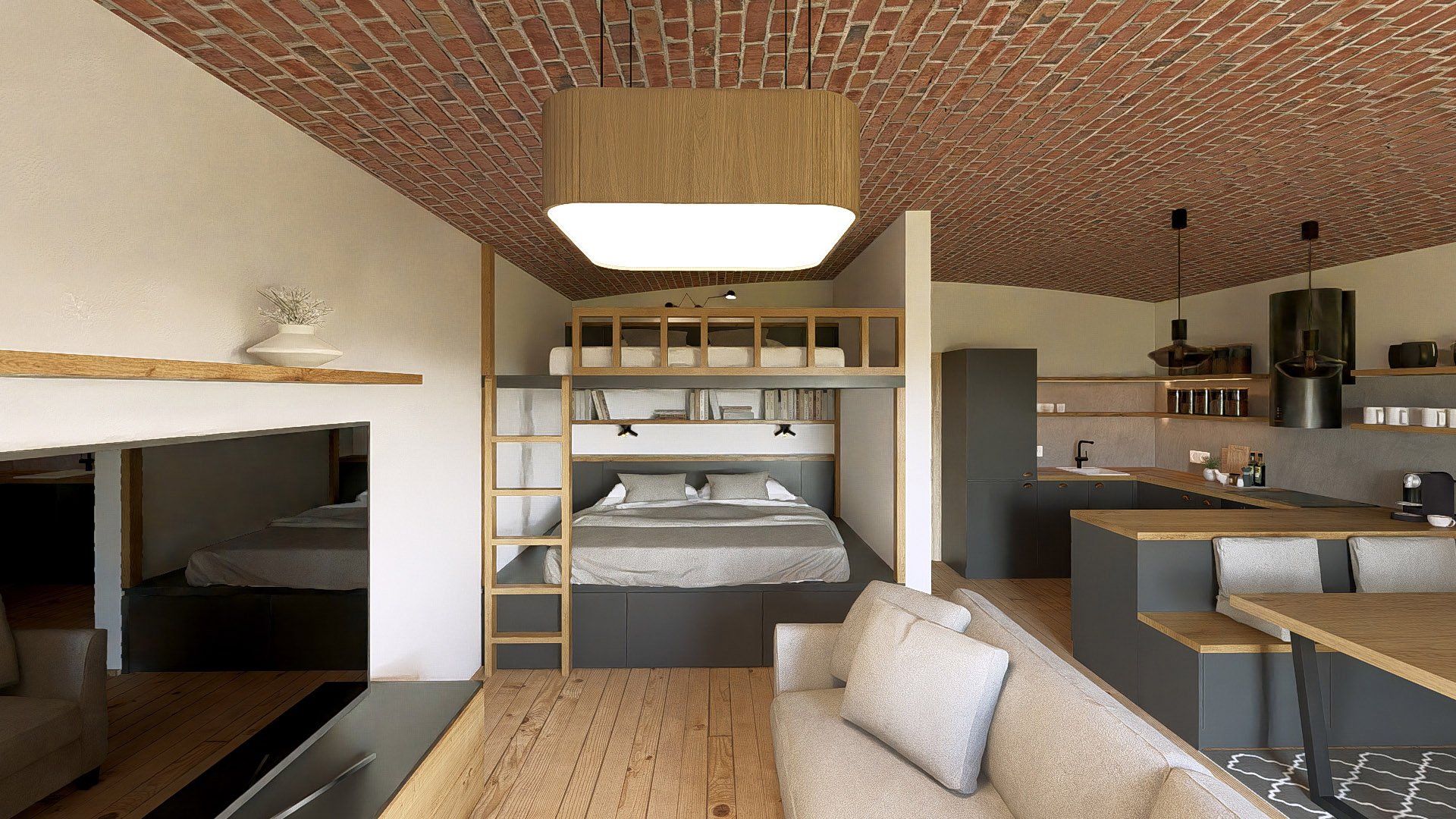 Vizualizace obývací části apartmánu s kuchyní