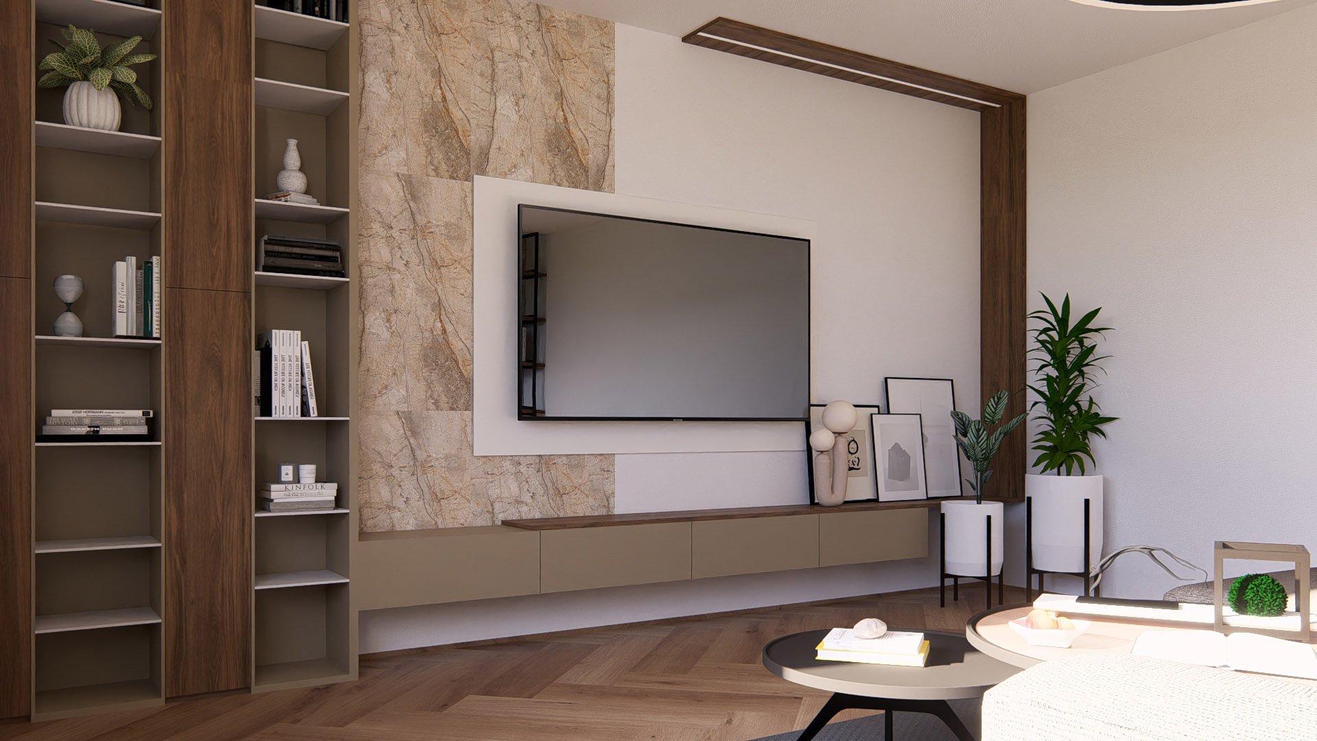 Detailní ohled na obývací část s TV stěnou a úložnými prostory
