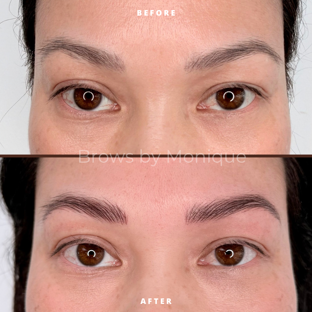 Close-up of a woman's face showing before and after eyebrow enhancement, with the top labeled 'Before' and the bottom labeled 'After', highlighting fuller, more defined eyebrows in the after image.