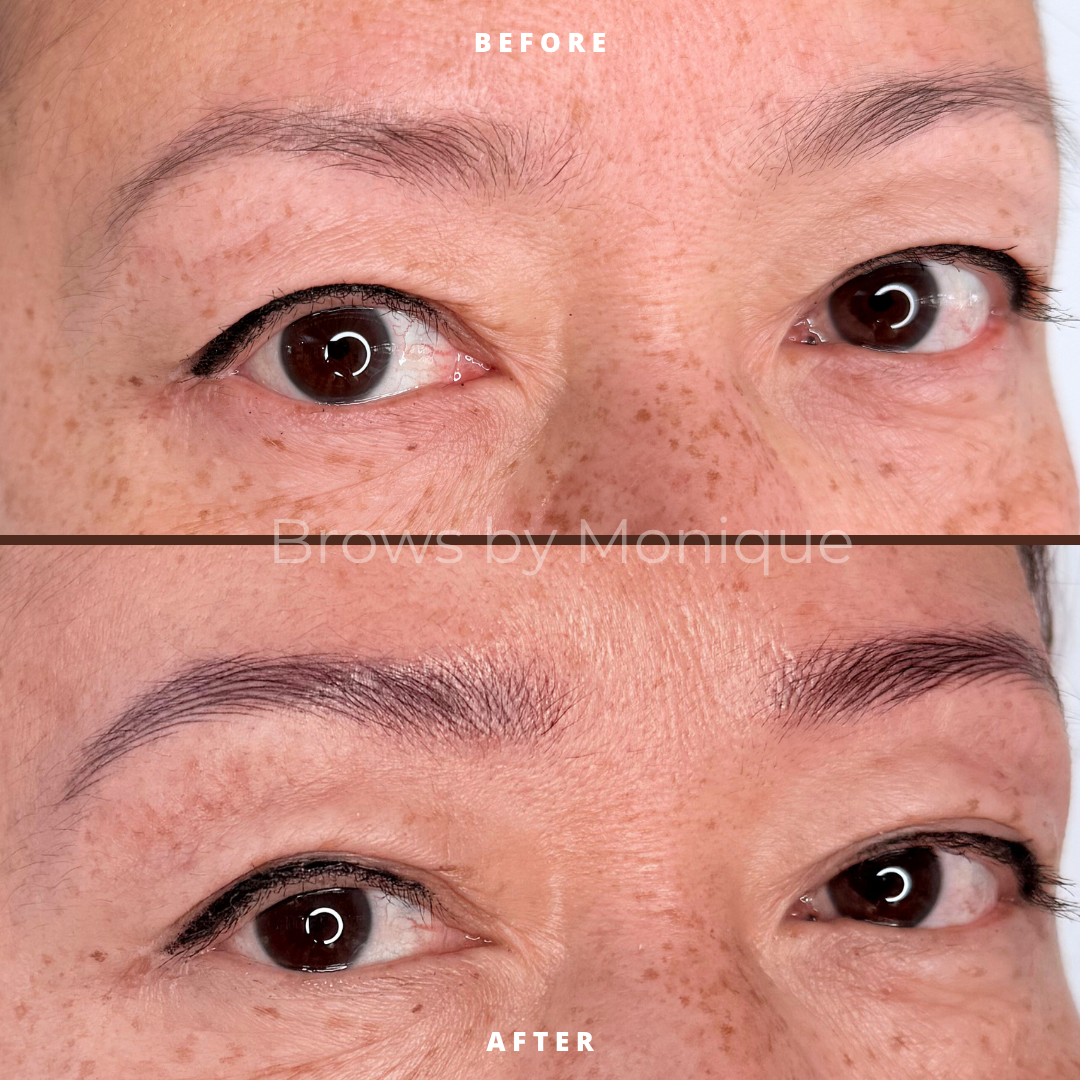 Close-up of a woman's face showing before and after eyebrow grooming, with natural eyebrows in the after photo.