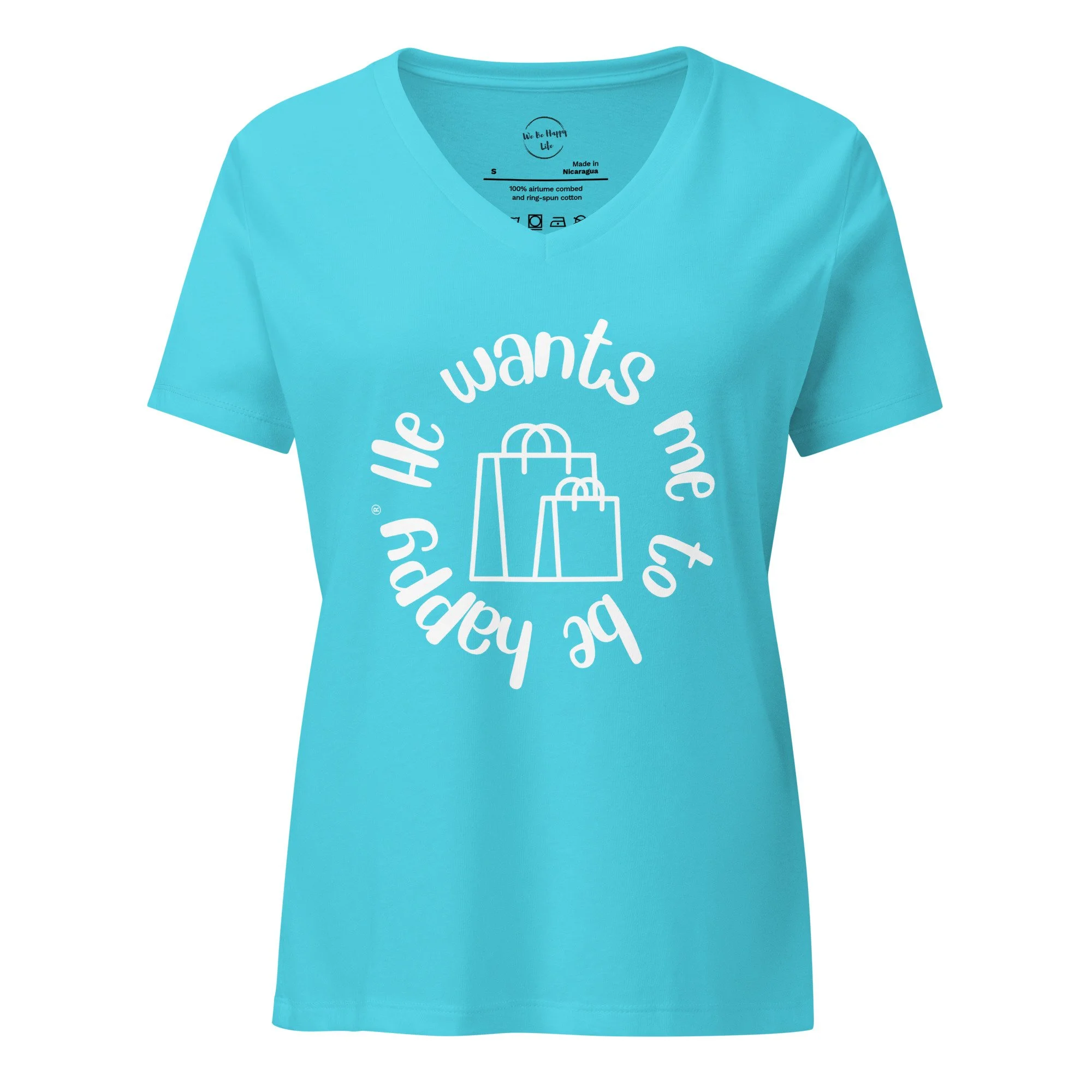 A bright blue V-neck T-shirt featuring white text and graphics related to shopping and happiness.