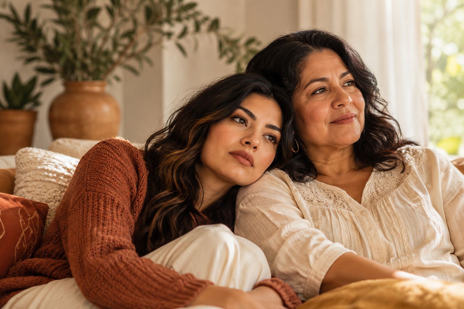 Latina mother and adult daughter sitting together, reflecting on their relationship and mother wound healing.