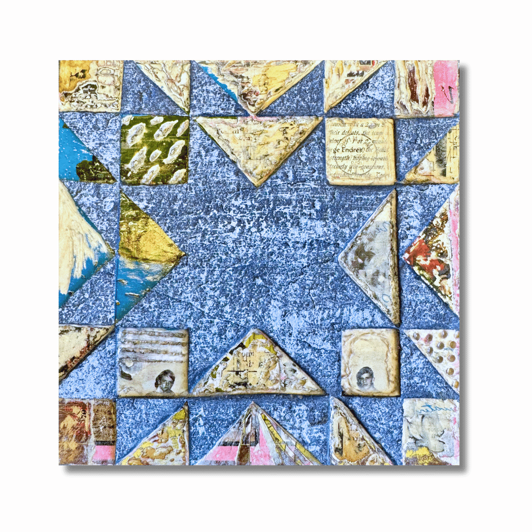 A mixed media collage featuring a big blue star at the center, surrounded by various patterned tiles with mixed textures, illustrations, and handwritten text.