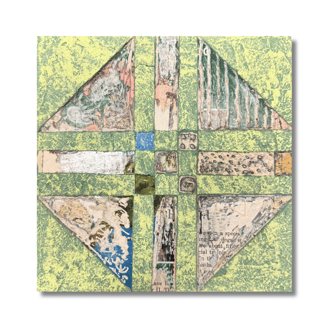 A collage of nine squares arranged in a larger square with each square displaying different textures and patterns, including wood, metal, paint, and text, set against a green textured background.