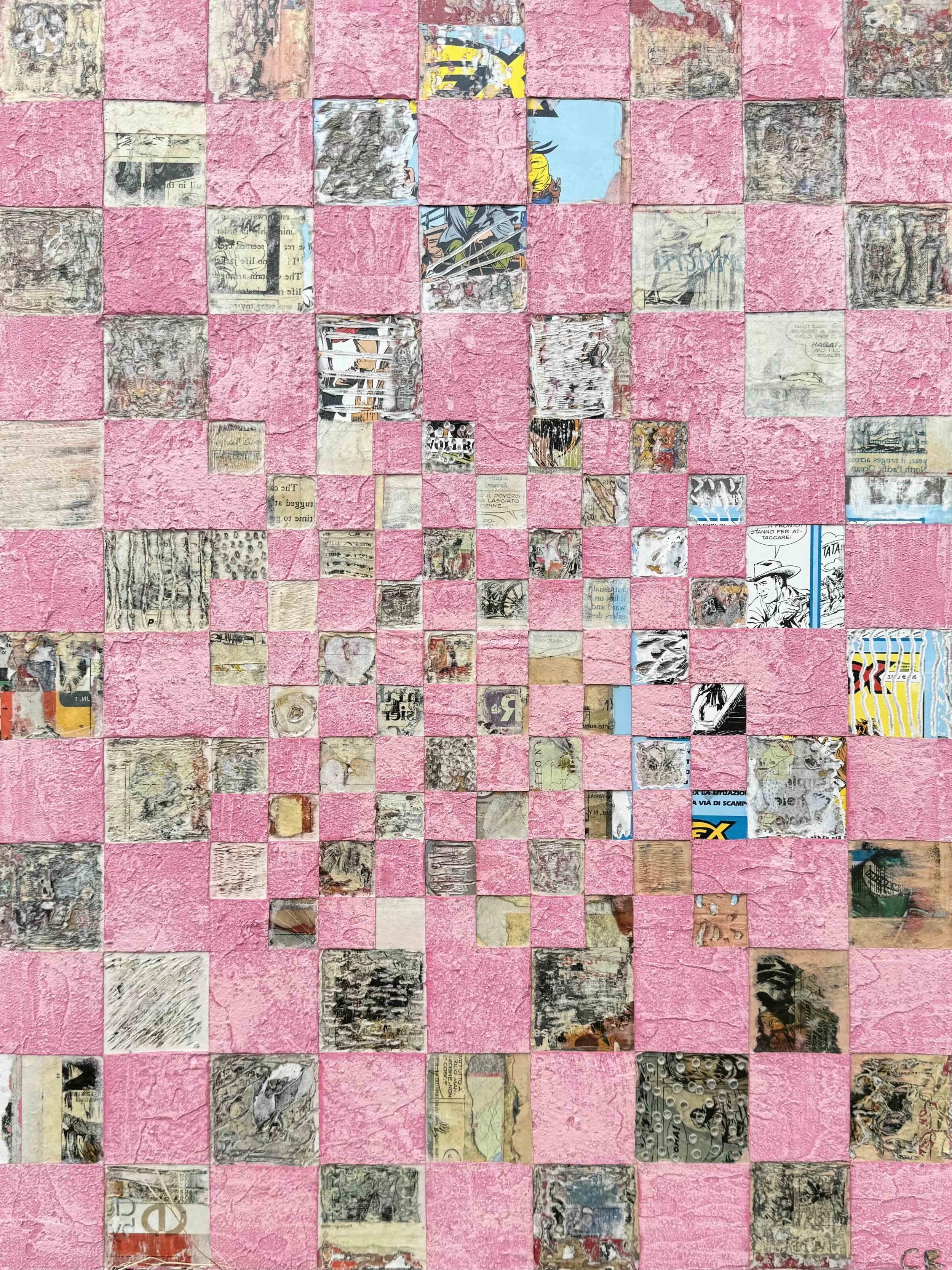 A mosaic wall composed of small square tiles with a pink textured surface, some tiles are decorated with torn pages of newspapers or magazines featuring texts, images, and illustrations