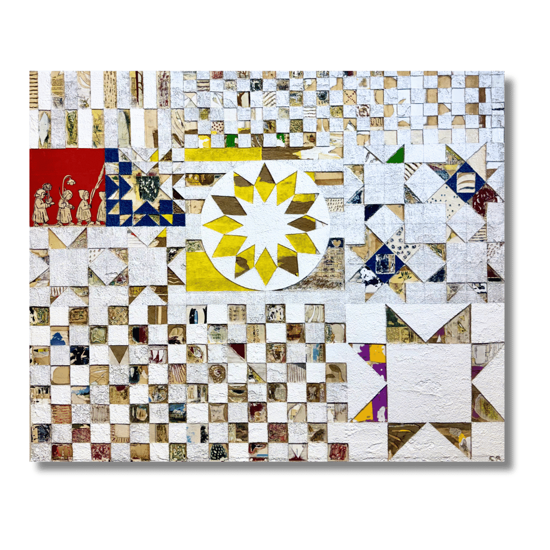 A mixed media collage, including various colors, patterns, and images, with a prominent yellow and white star pattern in the center, and sections with red, blue, green, and purple details.