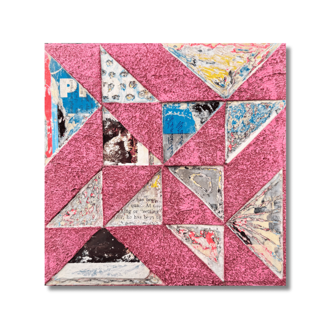 Close-up of a mixed media collage featuring geometric shapes, with textured pink background and layered paper fragments with text and colorful patterns.