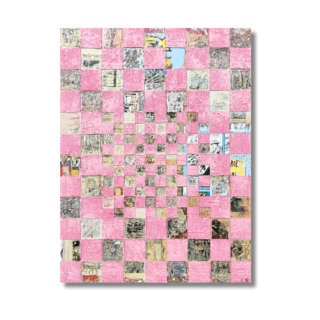 An abstract artwork composed of small squares arranged in a grid, with a pattern of pink textured squares interspersed with various images and designs.