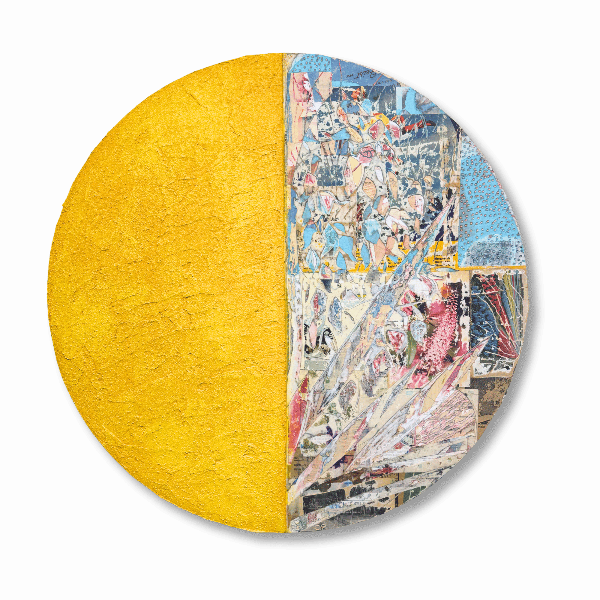 A circular collage of various colorful abstract and patterned designs, with one half covered in a yellow textured surface and the other half displaying different patterned sections.