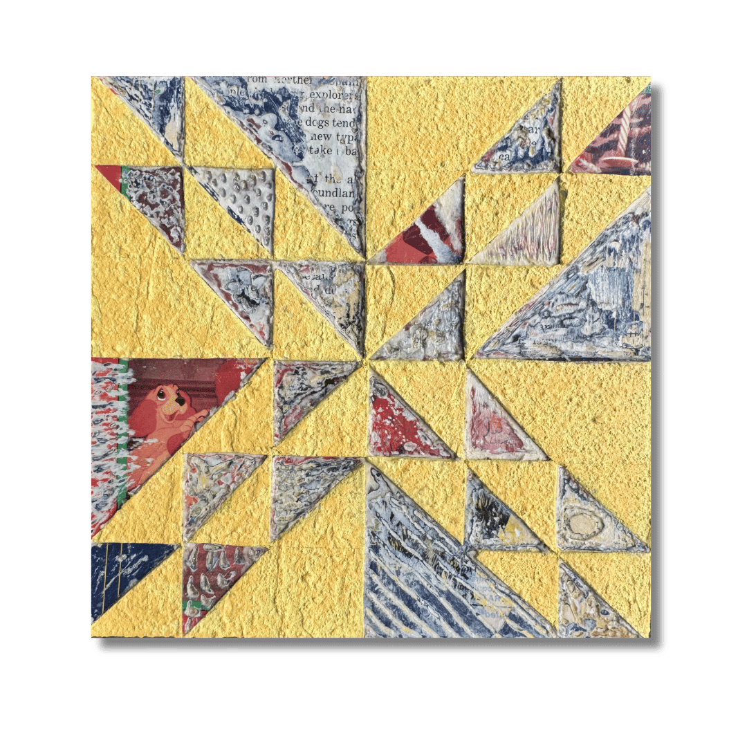 A mixed media collage with a yellow background and various geometric patterns and images, including a cartoon character, abstract designs, and textured fabrics.