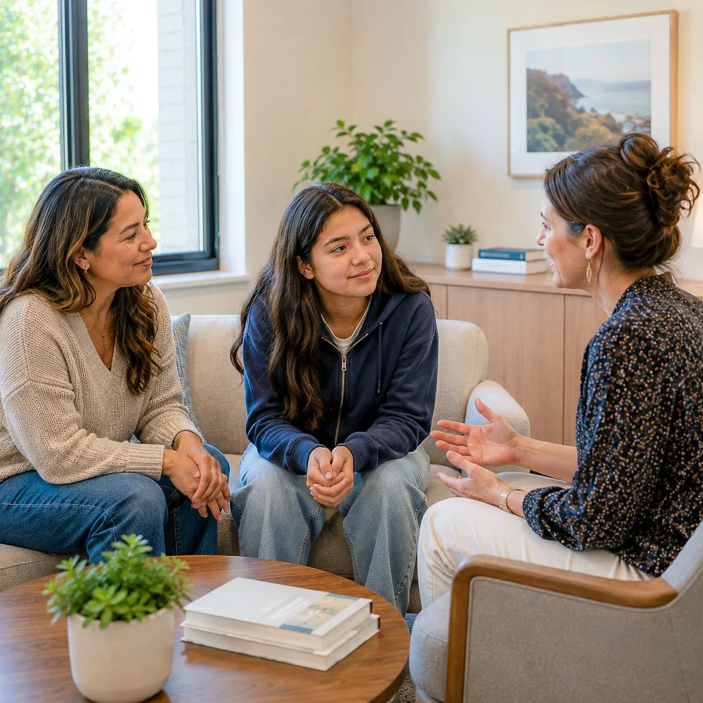 Parent and teen working with a therapist at Guide Behavioral Health in Menlo Park