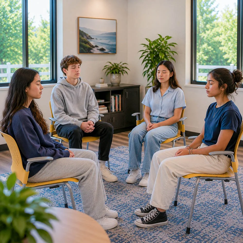 Teen mindfulness therapy group practicing breathing exercises with therapist