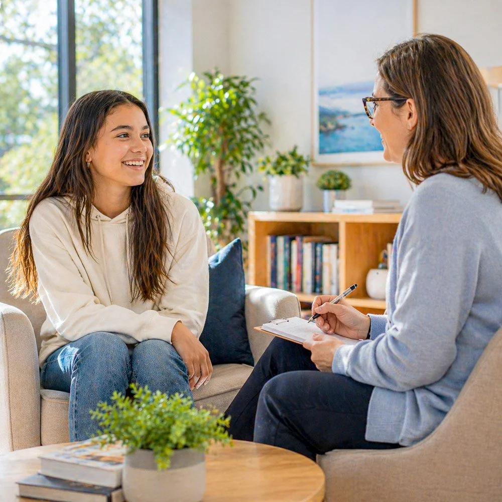 Teen meeting with a therapist at Guide Behavioral Health's Flex IOP program in Menlo Park