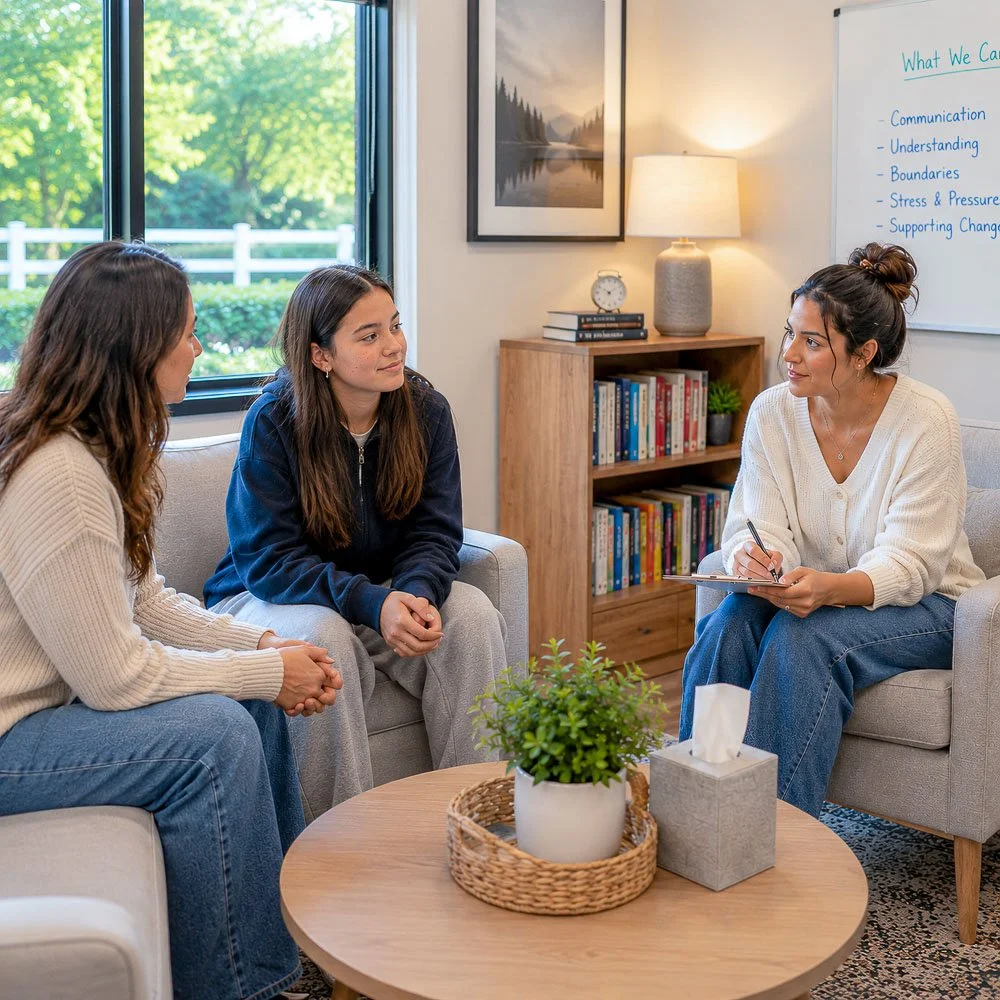Teen meeting with a therapist during an admissions consultation at Guide Behavioral Health in Menlo Park