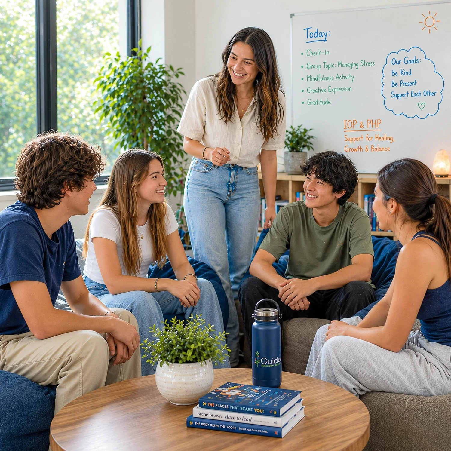 Teen group therapy session at Guide Behavioral Health IOP and PHP in Menlo Park