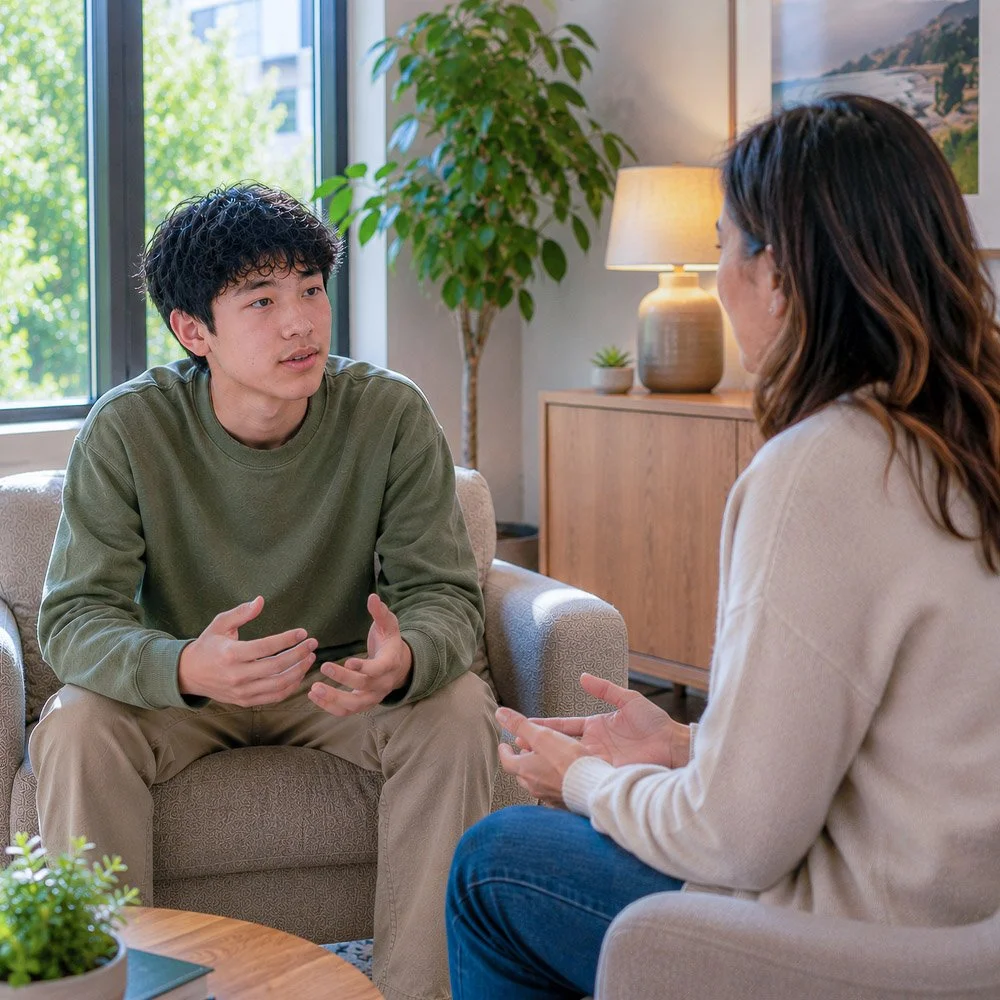 Teen meeting with a therapist for self-harm treatment at Guide Behavioral Health in Menlo Park