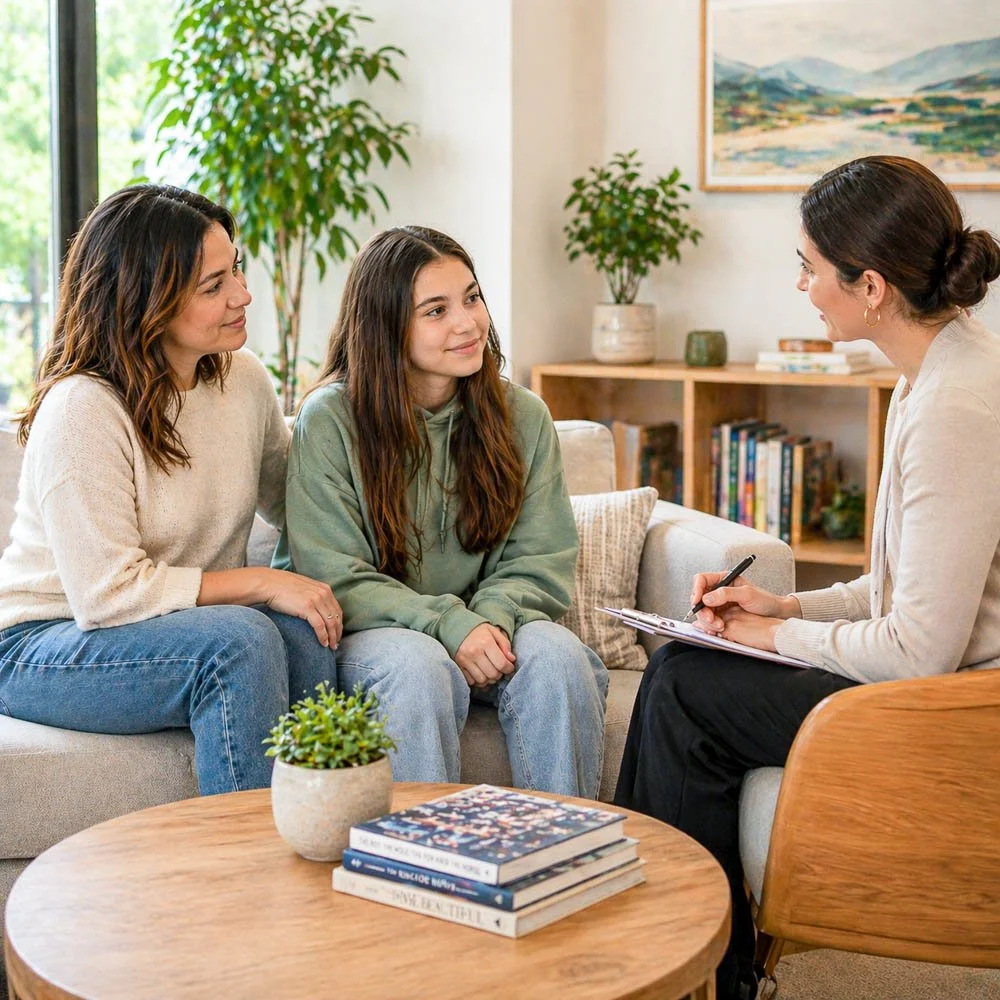 Teen therapy session with parent and therapist in calm setting supporting adolescent mental health