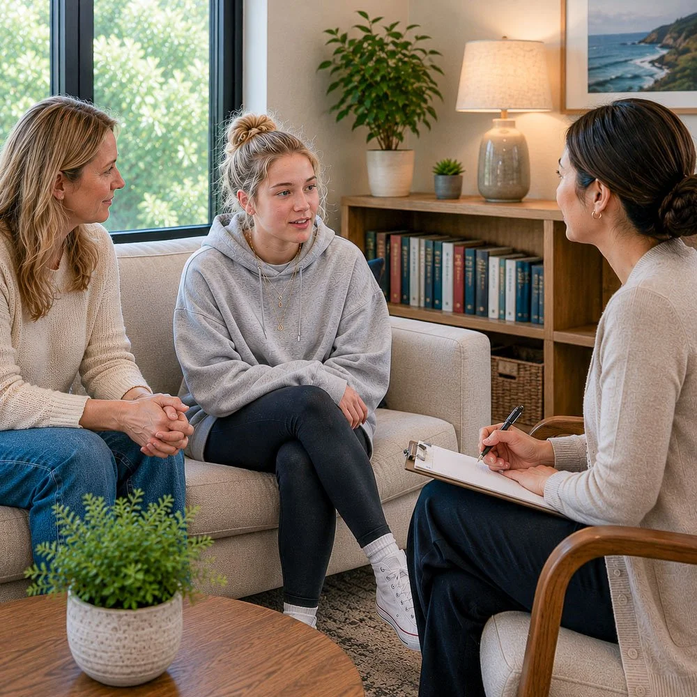 Teen and parent meeting with a therapist for self-harm treatment at Guide Behavioral Health in Menlo Park