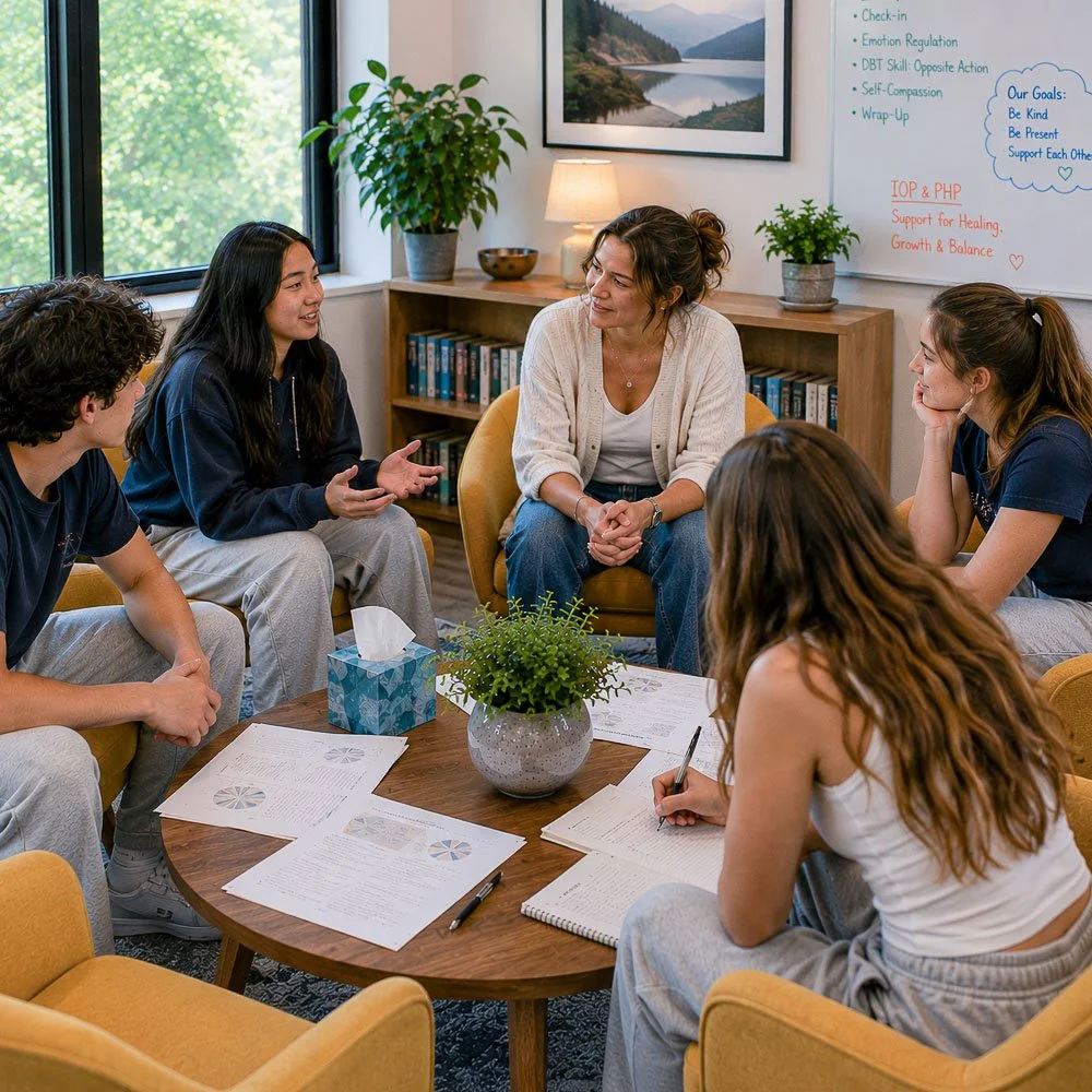 Teenagers participating in a IOP group therapy session at Guide Behavioral Health in Menlo Park