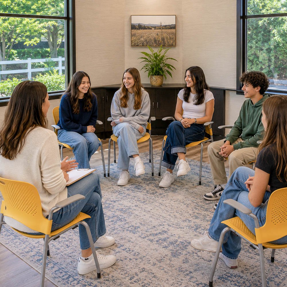 Teens participating in a Partial Hospitalization Program (PHP) group session at Guide Behavioral Health serving San Mateo County families