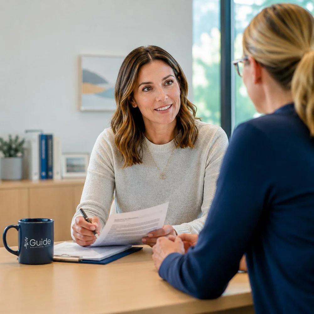 Guide Behavioral Health team member meeting with a referring provider to discuss teen mental health treatment options and next steps