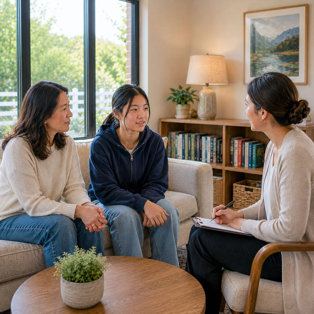 Parent and teen meeting with a Guide Behavioral Health therapist in Menlo Park to discuss treatment options and next steps
