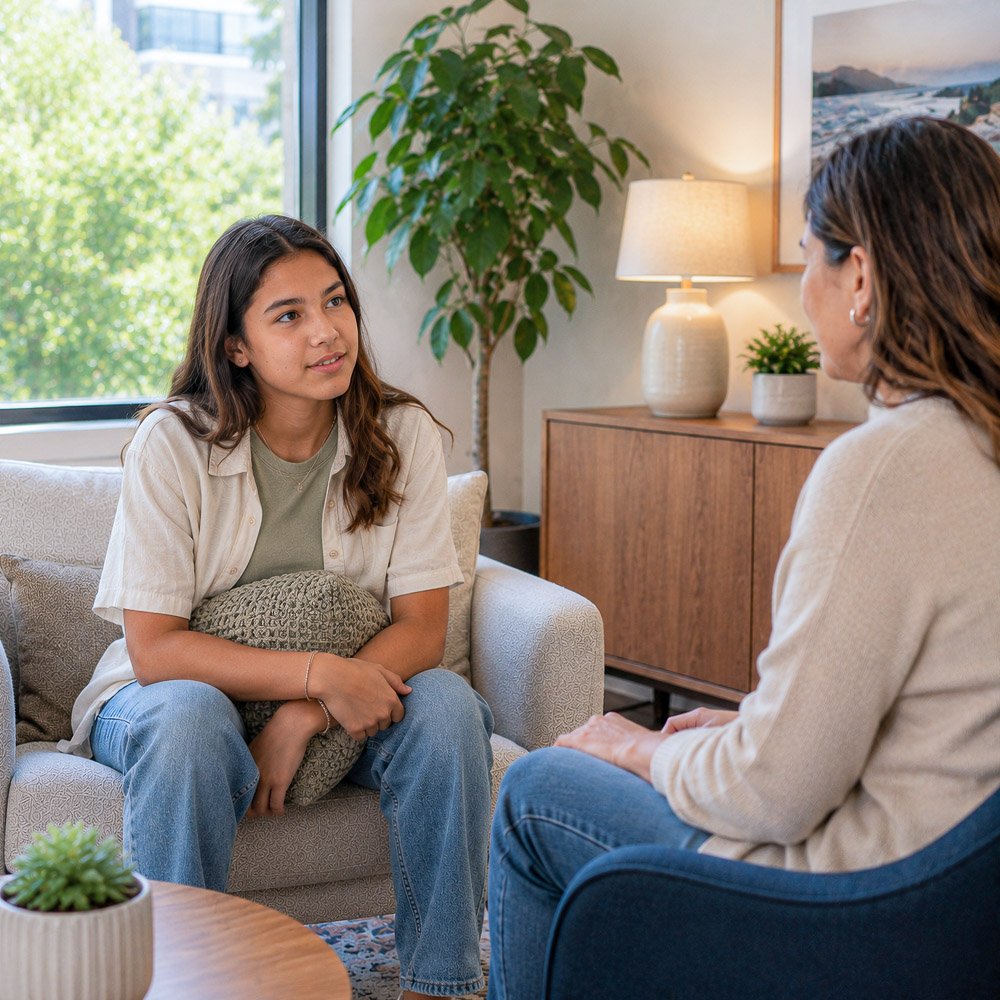 Teen discussing bipolar disorder symptoms with therapist