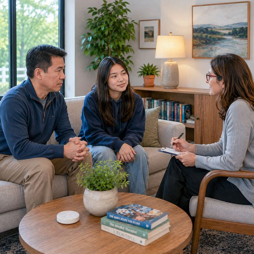 Guide Behavioral Health clinician meeting with a teen and parent to discuss next steps in care and treatment recommendations